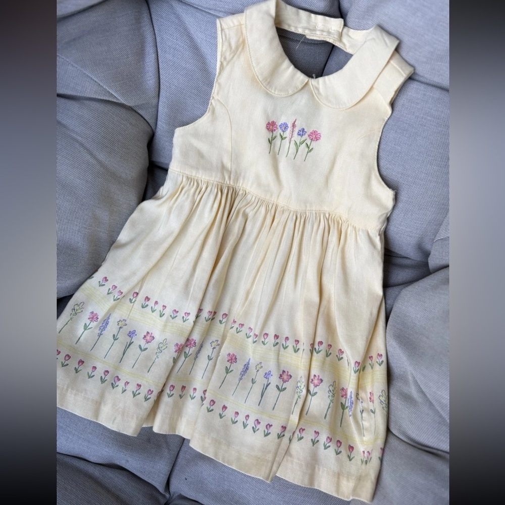 Vintage 1998‎ Gymboree Toddler Embroidered Floral Yellow Dress Linen Blend Sz 2